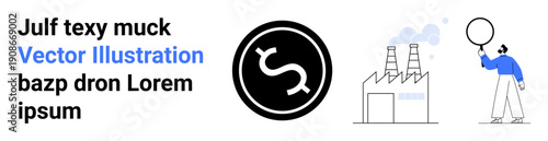 Industrial factory with three chimneys emitting smoke, growth analysis symbol, person examining data. Ideal for environment, industry, climate change, sustainability, analytics, progress simple