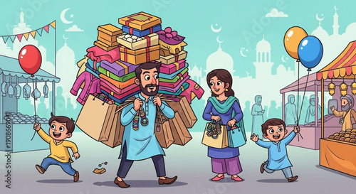 A vibrant Pakistani family enjoying a festive outdoor market scene with gifts and clothing, perfect for Eid or Ramadan celebrations, showcasing cultural traditions and togetherness.