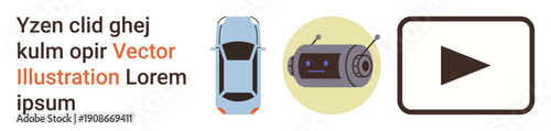 Technology, artificial intelligence, innovation, automotive industry, robotics, media operations. A car, a robot and a play button in distinct frames. Technology and artificial intelligence concept