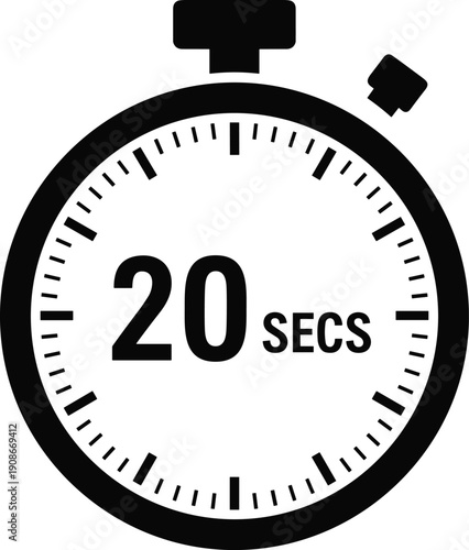 Stopwatch illustration with 20 seconds display, countdown timer design, timed activity symbol artwork, modern black vector graphic representation