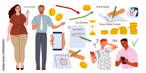 Two accountants, woman with glasses and male accountant, suggest to puzzled clients, LET'S OPTIMIZE. Concept of professional tax assistance, financial growth, stress free filing. Vector illustration