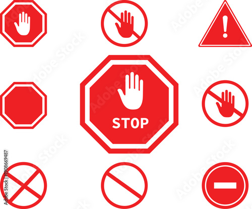 Red Stop Sign Icon Set, Hand Stop Symbol, Warning, Prohibition, Danger and Alert Road Signs Illustration