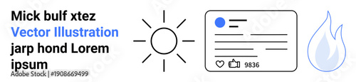 Social media, online engagement, energy concepts, digital marketing, content creation, branding. Minimalist design with a sun icon, a profile layout and a flame graphic. Social media and online