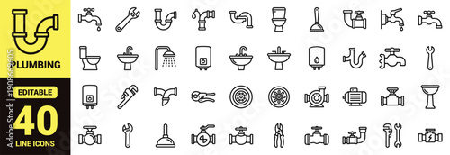 Plumbing and maintenance icon set with faucets, toilets, sinks, showers, water heaters, wrenches, plungers, valves, pipe fittings, pumps, and essential plumbing service ranking symbols