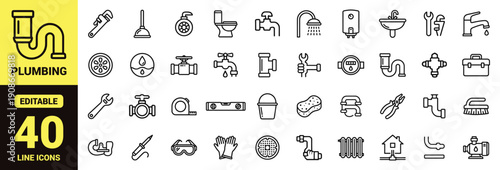 Plumbing and maintenance icon set with faucets, toilets, sinks, showers, water heaters, wrenches, plungers, valves, pipe fittings, toolbox, gloves, goggles, and essential plumbing service ranking