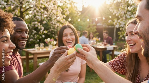 Diverse group of happy friends toasting with colorful Easter eggs at garden party. Multiethnic people celebrating spring outdoors