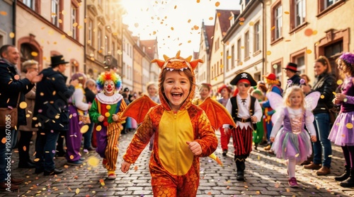 Group of children dressed as funny characters on street carnival with confetti. New Year, December. Halloween children. Celebration Wallpaper, poster.