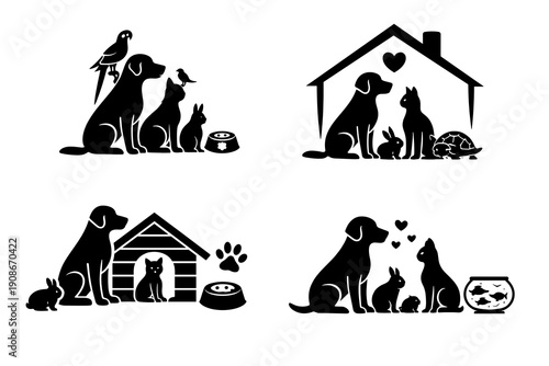 Pet care silhouettes showing dog, cat, rabbit, birds and turtle at home with bowls, doghouse and hearts. Concept of adoption, shelter, animal friendship and ownership. Pet rescue theme.