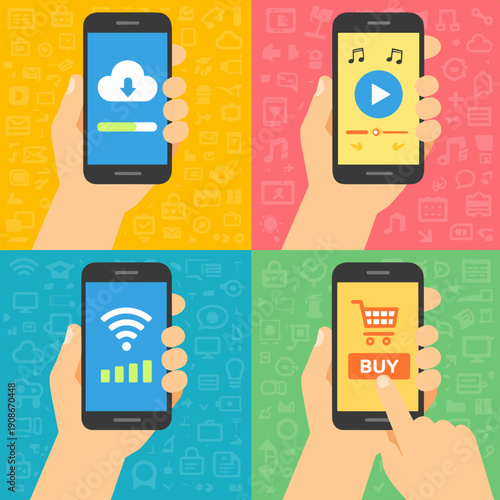 Colorful mobile app collage with cloud download progress, music player, wifi signal and online shopping cart buy button. Yellow, pink, blue and green backgrounds.