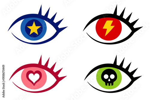 Stylized eye icon set with bright irises containing star, lightning bolt, heart and skull symbols. Concept of fame, passion, danger and intense emotions.