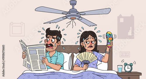 A cartoon illustration of a hot and sweaty Pakistani couple lying in bed on a hot summer day, fanning themselves and reading the news, feeling uncomfortable due to a broken ceiling fan.