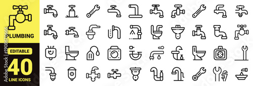 Plumbing and maintenance icon set with faucets, toilets, sinks, showers, water meters, wrenches, valves, pipe fittings, plungers, toolboxes, and essential plumbing service ranking symbols