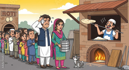A cartoon Pakistani couple waits in line at a traditional Roti bakery with a long queue of people, a woman holding a tiffin and a man wiping sweat, with a cat looking up at them, pakistani people,