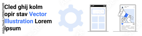 Digital marketing, mobile apps, web design, user interface, advertising, business operations. Gear icon, smartphone interfaces and megaphone imagery. Digital marketing and mobile apps theme