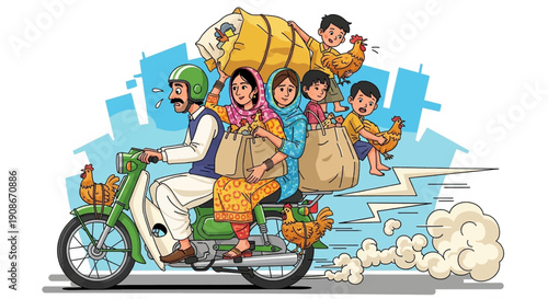Pakistani family on a overloaded green motorcycle with chickens and bags, urban commute illustration