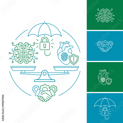 AI ethics and digital privacy concept with scale balancing circuit brain and human heart, icons for cybersecurity, trust, and data protection.