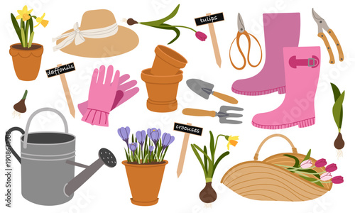Gardening set featuring garden tools and spring elements. Plant pots,rubber boots, gloves, trowel, scissors, pruning shears, spring flowers. Hand-drawn elements for packaging, sticker, spring design.