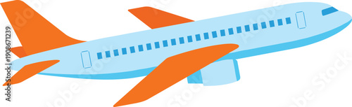 Flat Illustration Of A Commercial Airplane With Orange Wings And Tail Flying Upwards Isolated On White Background For Travel And Tourism,