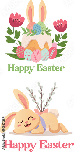 Easter Bunny and Kulich Collection with Eggs and Spring Elements – Vector Set