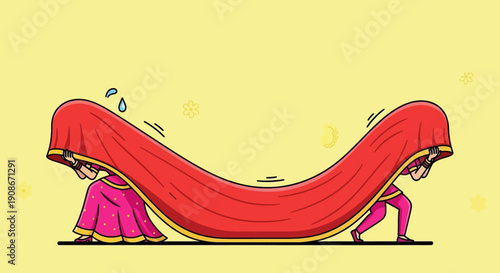 Pakistani couple struggling to carry a heavy red fabric, illustration of two people in traditional clothing