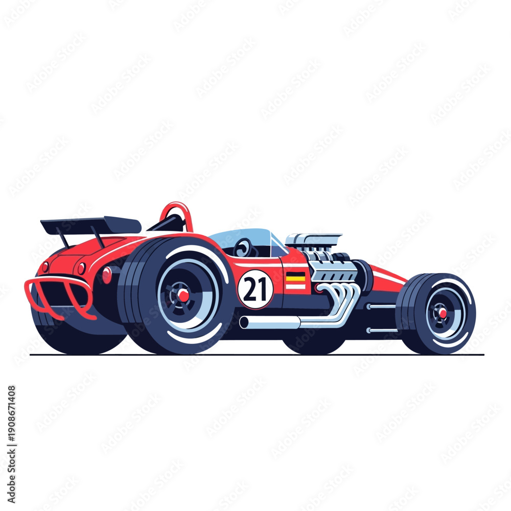Naklejka premium Vintage Red Racing Car with Large Engine and Spoiler - Retro Speedster