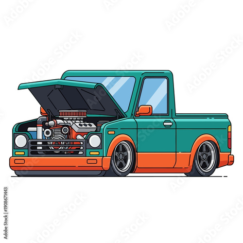 Customized Teal and Orange Pickup Truck with Open Hood and Powerful Engine