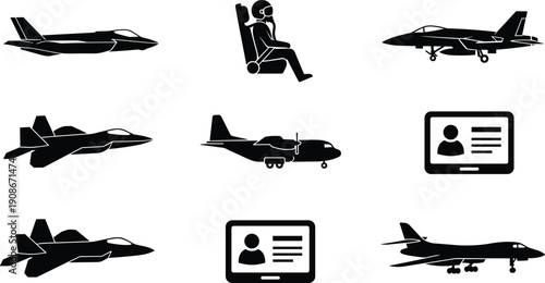 Vector Silhouette Collection of Military Aircraft Including Fighter Jets, Helicopters, Cargo Planes, and Pilot Icons