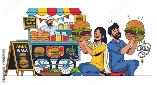Happy Pakistani couple enjoying delicious burgers at a street food cart, Ande Wala Burger vendor in a colorful setting