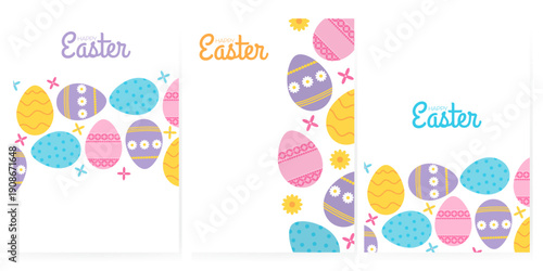 Happy easter clipart posters. Happy easter sunday wishes clip art set with colorful abstract drawing eggs decoration elements for egg hunt celebration. Vector illustration, editable template