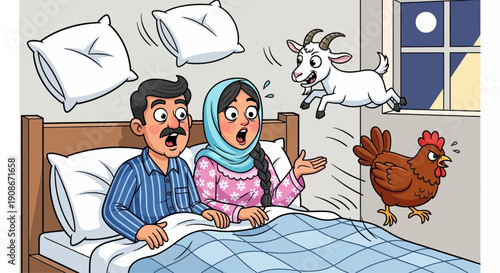 Cartoon Pakistani couple shocked in bed with goat and chicken jumping through window at night, a humorous and chaotic scene