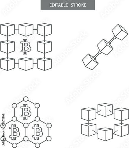 Blockchain technology and cryptocurrency icon set with bitcoin symbols and 3D cubes. Editable stroke.
