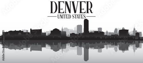 Black and white panoramic poster of the city skyline with misty background buildings and water reflection of DENVER, UNITED STATES