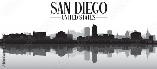 Black and white panoramic poster of the city skyline with misty background buildings and water reflection of SAN DIEGO, UNITED STATES