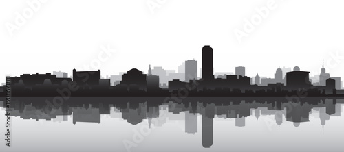 Black and white panoramic poster of the city skyline with misty background buildings and water reflection of DENVER, UNITED STATES