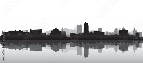 Black and white panoramic poster of the city skyline with misty background buildings and water reflection of SAN DIEGO, UNITED STATES