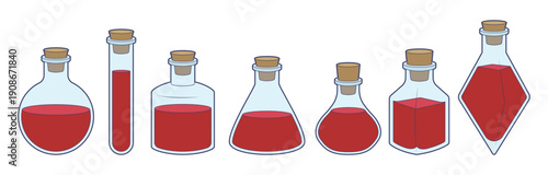 Vector set of glass flasks with  liquids. Vessels of various shapes. Hand drawing. Isolated on a white background. Bottle of potion. Coloring page. Medical or magical stuff.