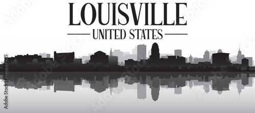 Black and white panoramic poster of the city skyline with misty background buildings and water reflection of LOUISVILLE, UNITED STATES