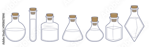 Vector set of glass flasks with  liquids. Vessels of various shapes. Hand drawing. Isolated on a white background. Bottle of potion. Coloring page. Medical or magical stuff.