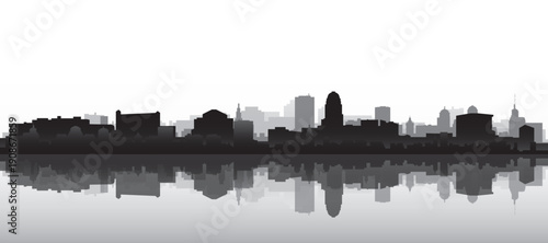 Black and white panoramic poster of the city skyline with misty background buildings and water reflection of LOUISVILLE, UNITED STATES