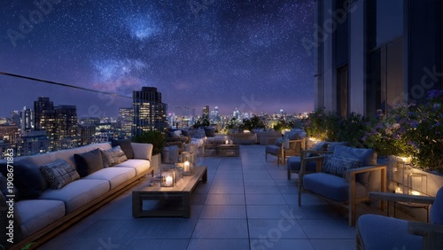 Serene Rooftop Lounge with City Skyline and Night Sky Stars