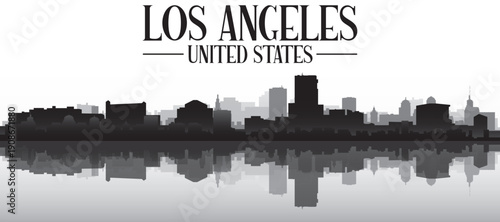 Black and white panoramic poster of the city skyline with misty background buildings and water reflection of LOS ANGELES, UNITED STATES