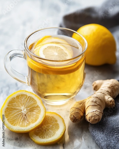 Refreshing Lemon Ginger Tea with Slices and Ginger Root