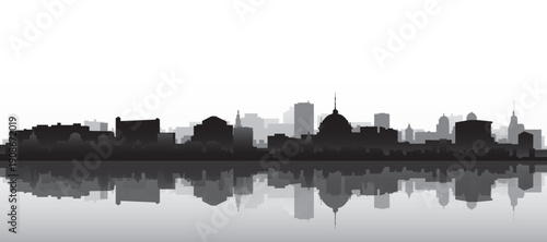 Black and white panoramic poster of the city skyline with misty background buildings and water reflection of VALENCIA, SPAIN