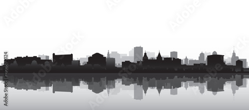 Black and white panoramic poster of the city skyline with misty background buildings and water reflection of AMSTERDAM, NETHERLANDS