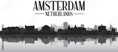 Black and white panoramic poster of the city skyline with misty background buildings and water reflection of AMSTERDAM, NETHERLANDS