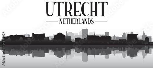 Black and white panoramic poster of the city skyline with misty background buildings and water reflection of UTRECHT, NETHERLANDS