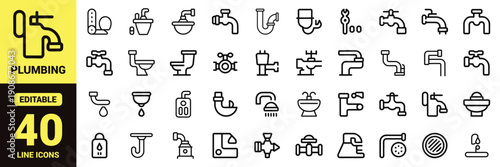 Plumbing and maintenance icon set with faucets, sinks, toilets, showers, pipe joints, valves, wrenches, water drops, fittings, tools, and essential plumbing service ranking symbols