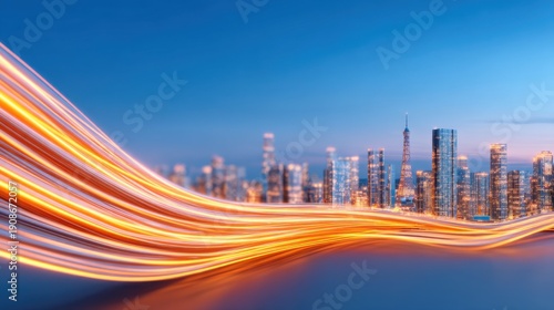 Smart energy grid concept, digital connections overlaying a city silhouette, glowing lines connecting buildings and power sources, dark blue background