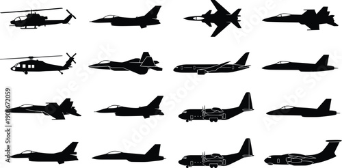 Vector Silhouette Collection of Military Aircraft Including Fighter Jets, Helicopters, Cargo Planes, and Commercial Airliners for Aviation Design and Graphic Projects