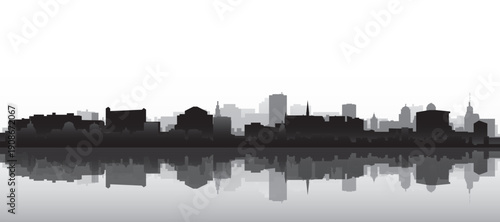 Black and white panoramic poster of the city skyline with misty background buildings and water reflection of UTRECHT, NETHERLANDS
